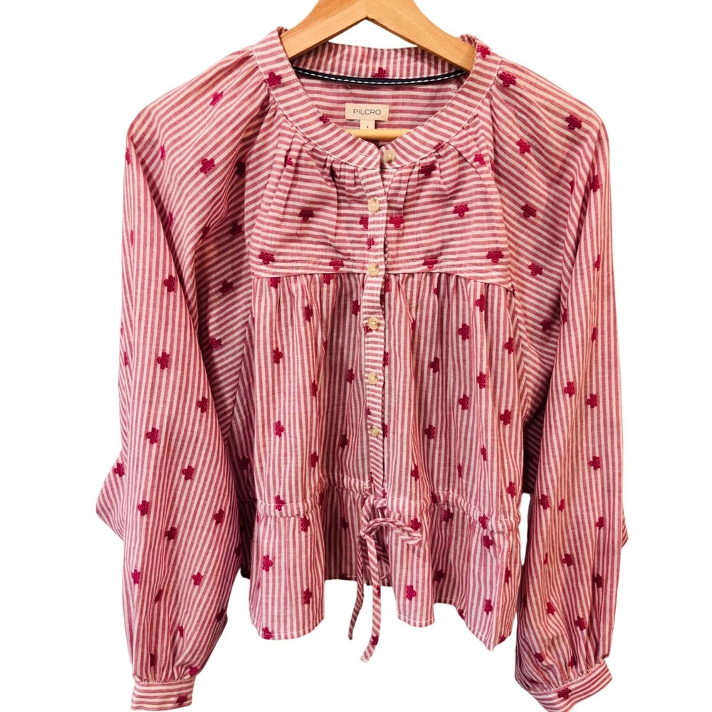 Pilcro Red White Striped Embroidered Peplum Blouse Small Anthropologie Boho Top